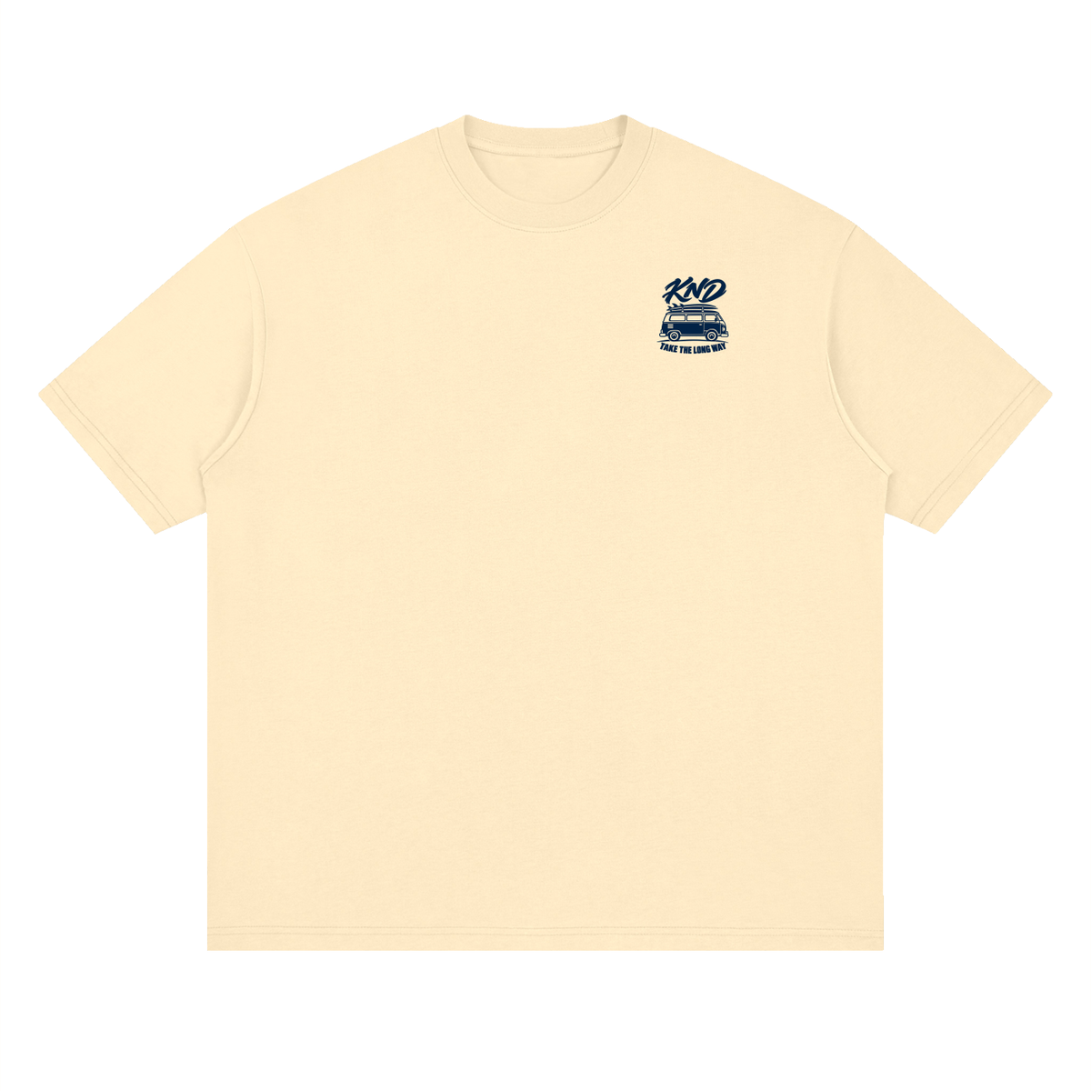 Surf Van Tee, Light Apricot — front view with a small graphic of a camper van with surfboards on its roof rack on the left chest