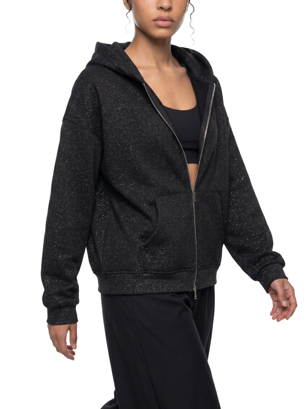 KND Brand fleck full-zip hoodie zipper and hood detail, black jacquard knit