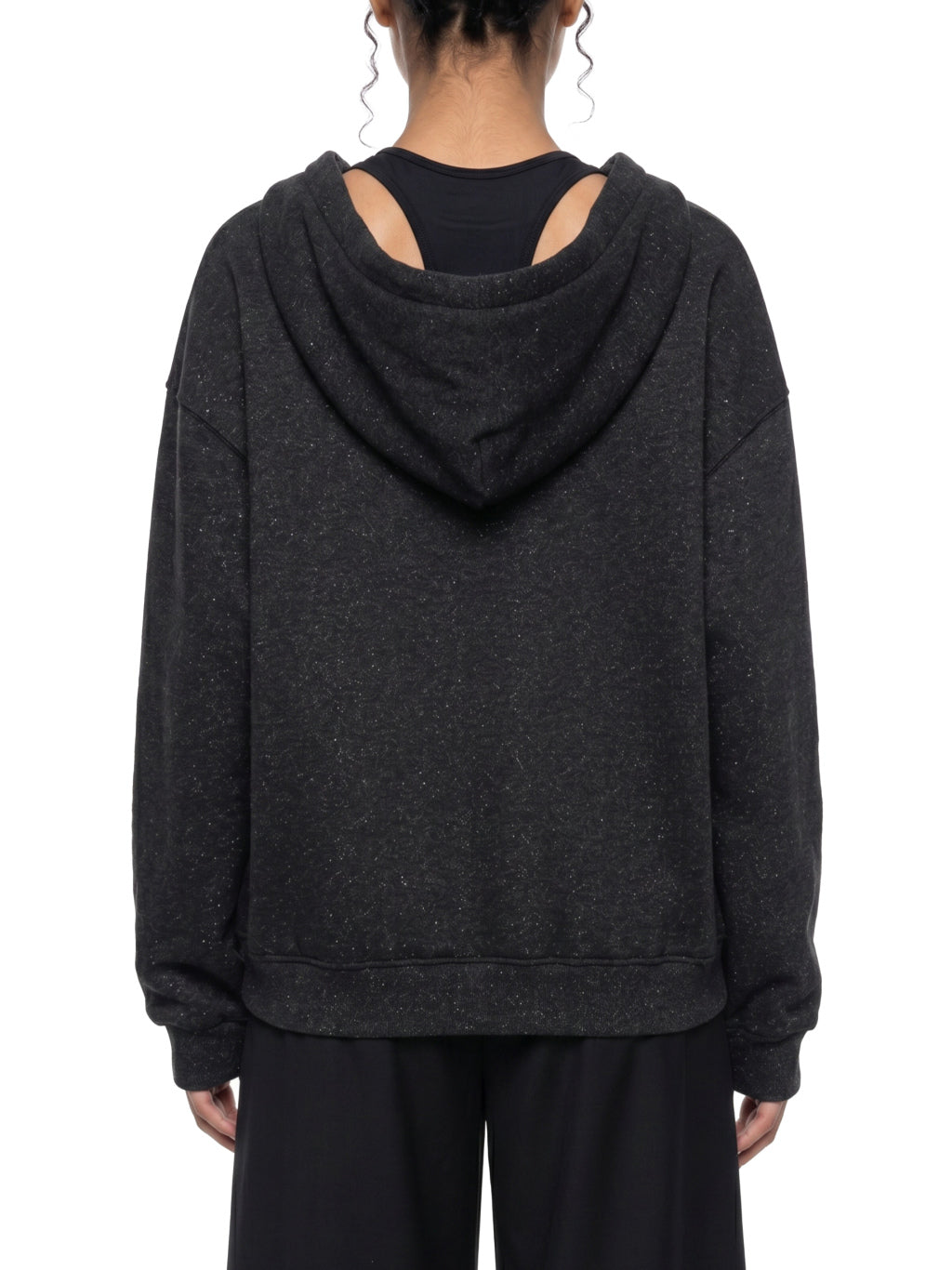 Back view of the KND Brand black fleck full-zip hoodie, oversized silhouette
