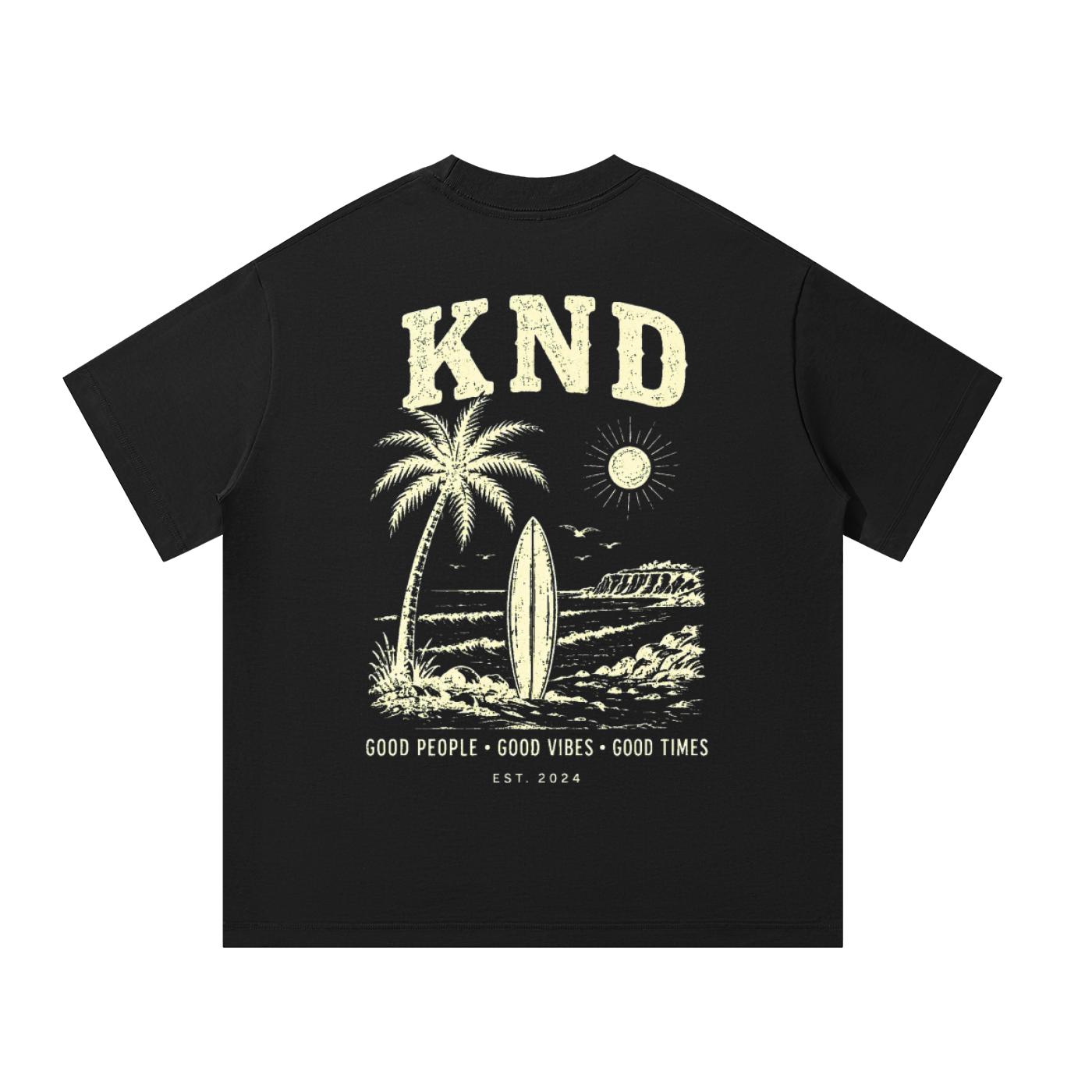 KND Good Vibes oversized tee in black — heavyweight California surf T-shirt with large back print of palm, surfboard and San Diego break