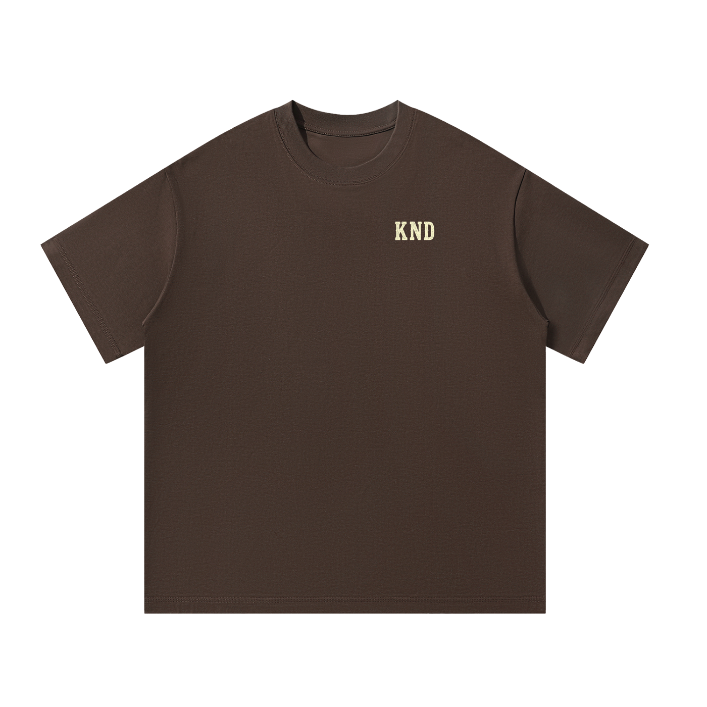 Front of coffee brown KND Good Vibes oversized heavyweight tee with small cream KND chest mark, unisex California surf streetwear