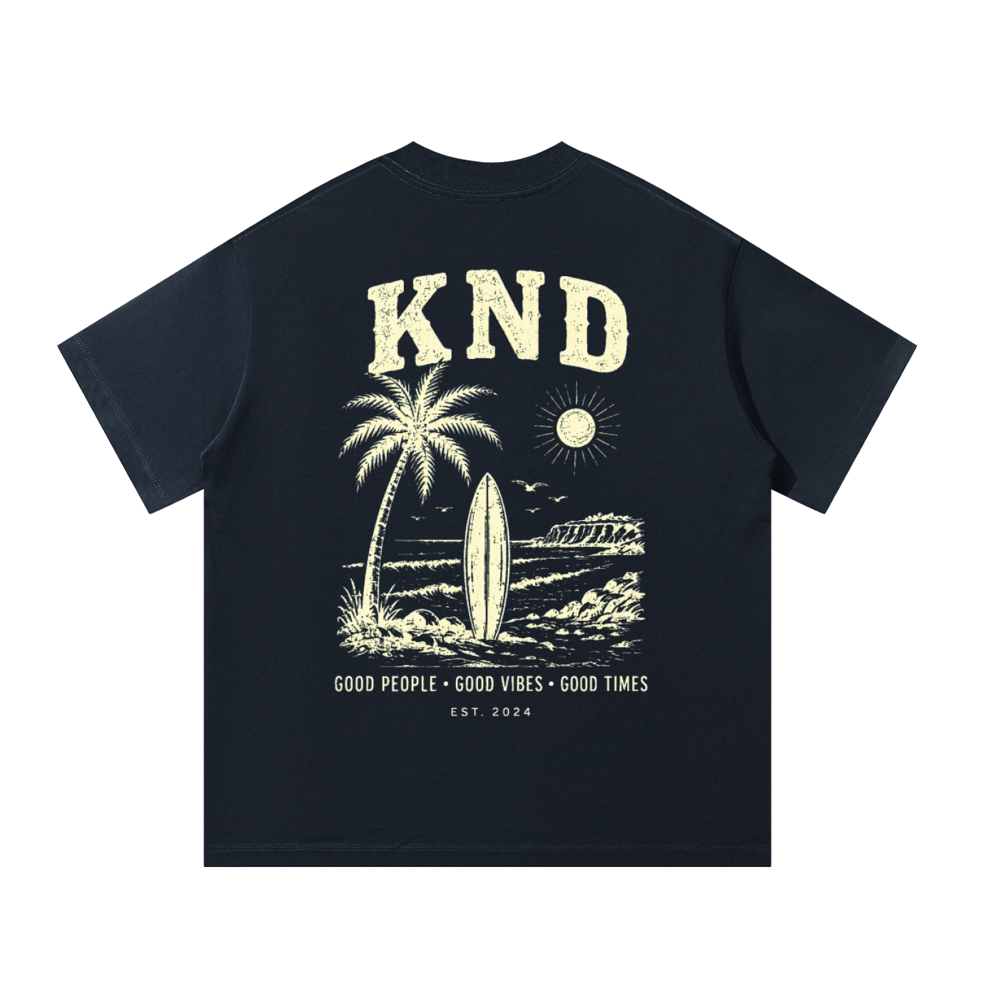 Navy KND Good Vibes oversized tee, back print surf graphic — 8.8 oz heavyweight cotton California surf T-shirt
