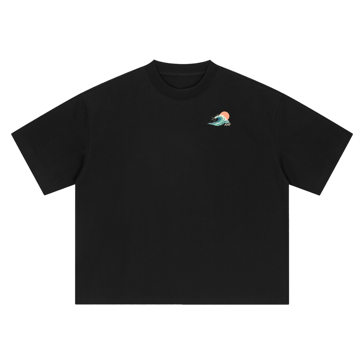 Sunset Curl Tee, Black — front view with the small wave-and-sun mark on the left chest