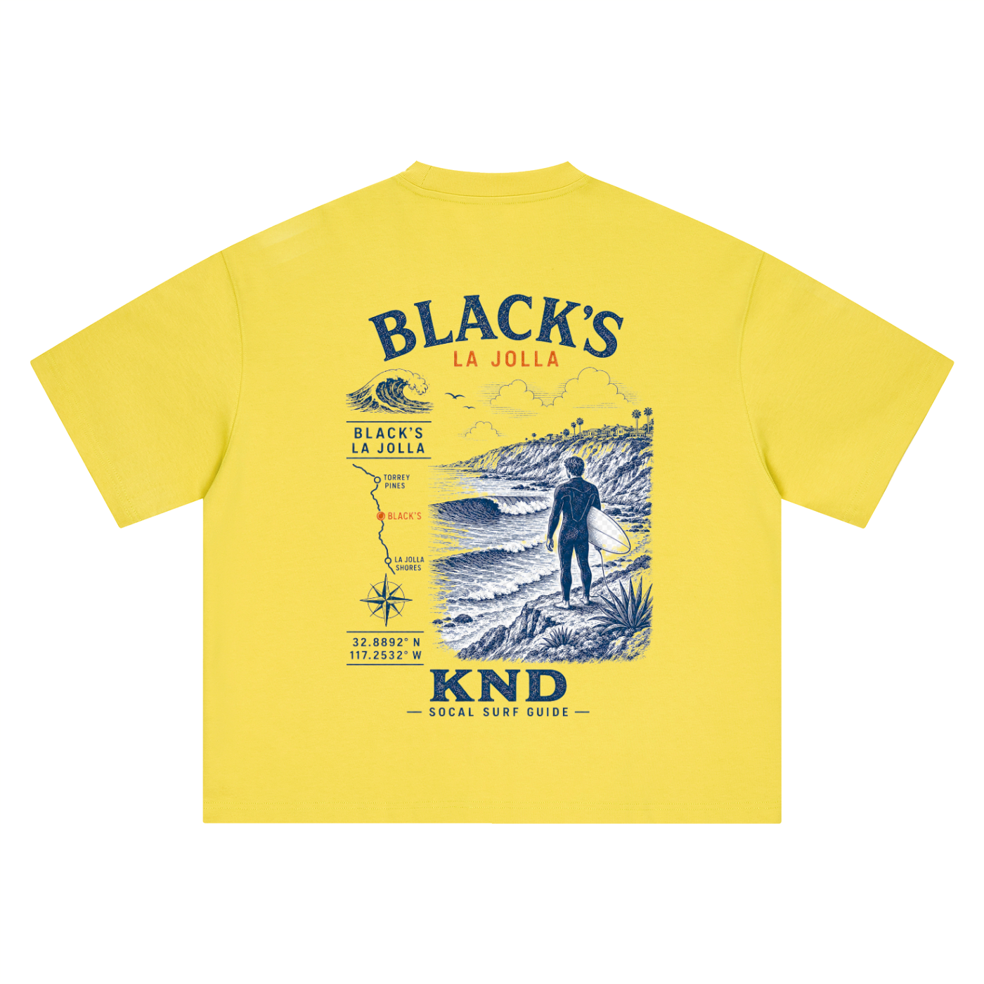 Black's Beach Surf Tee, Olive Yellow — back print, vintage engraved Black's break at La Jolla with coordinates