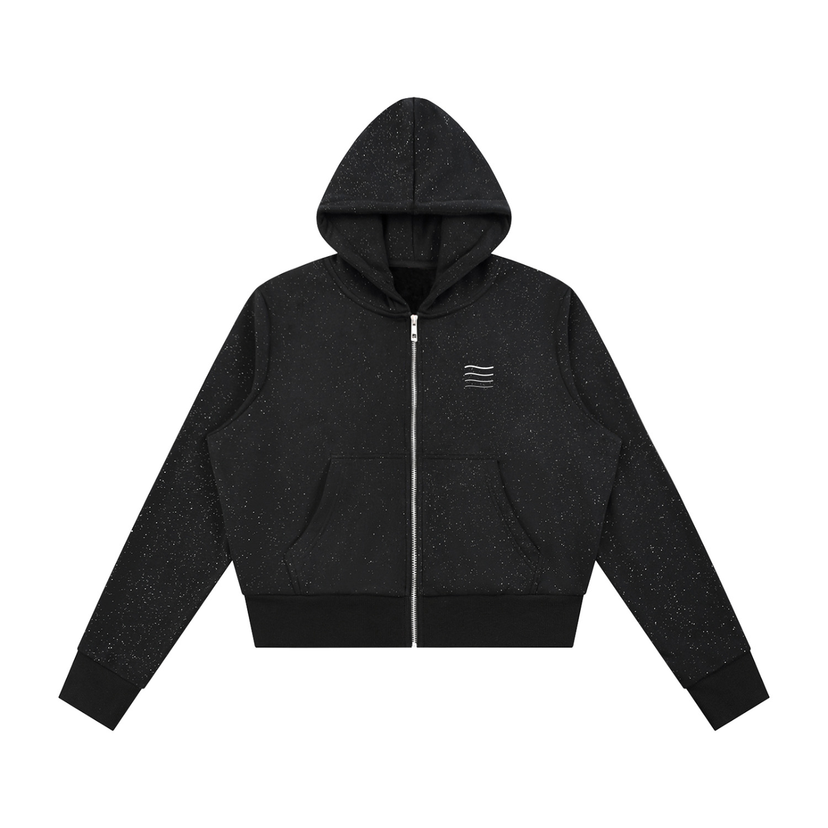 Women's Sparkle Full-Zip Hoodie, Black — front view with a small KND wave mark on the left chest