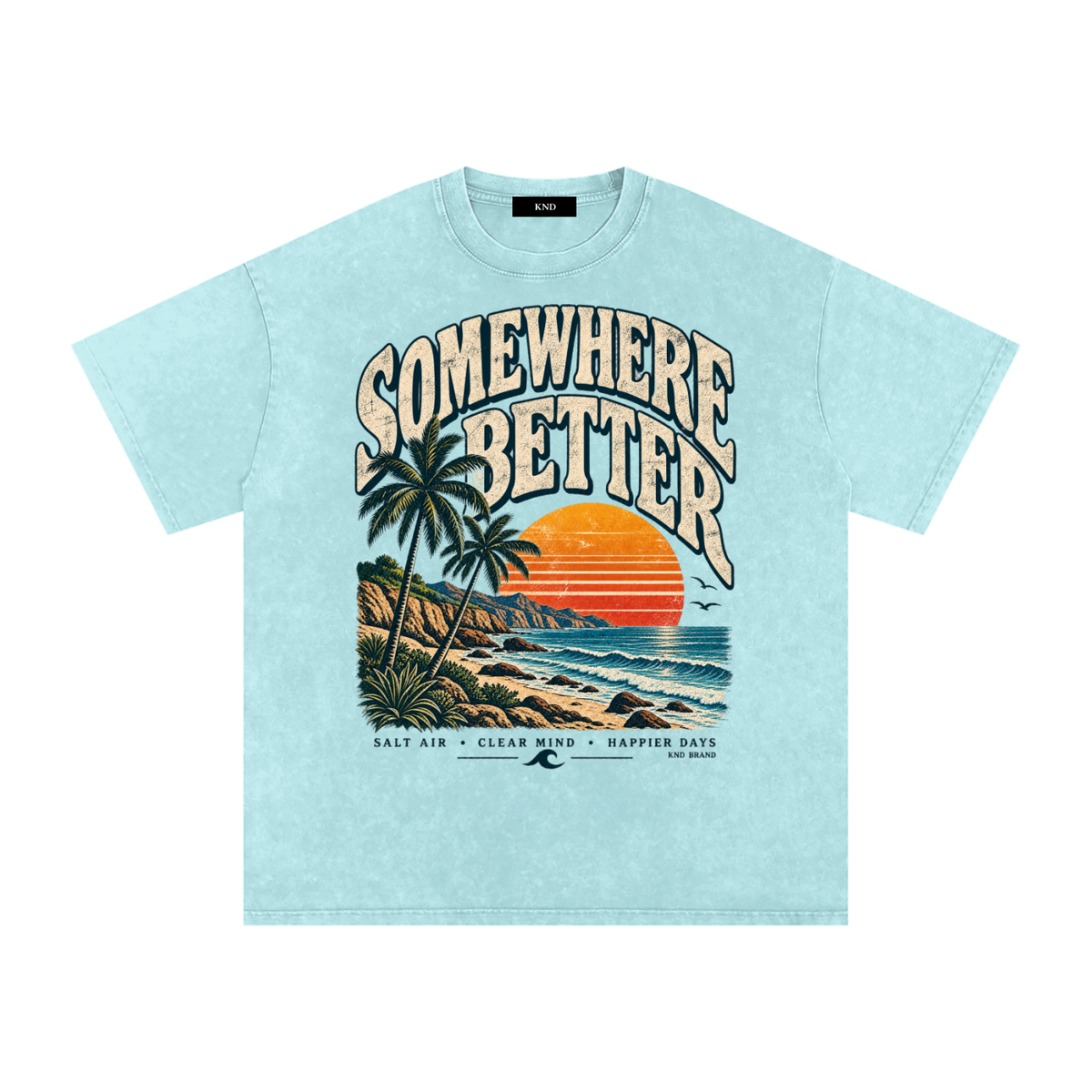 Somewhere Better Washed Tee, Water Blue — front print, palms, striped retro sunset and California surf graphic