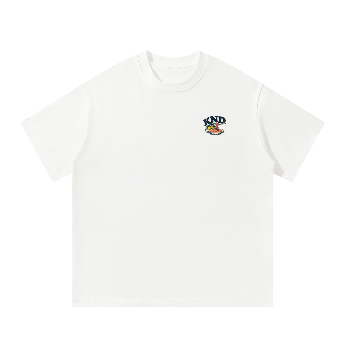 La Vita È Bella Tee, White — front view with the small KND mark, lemons and a bowl of spaghetti, on the left chest