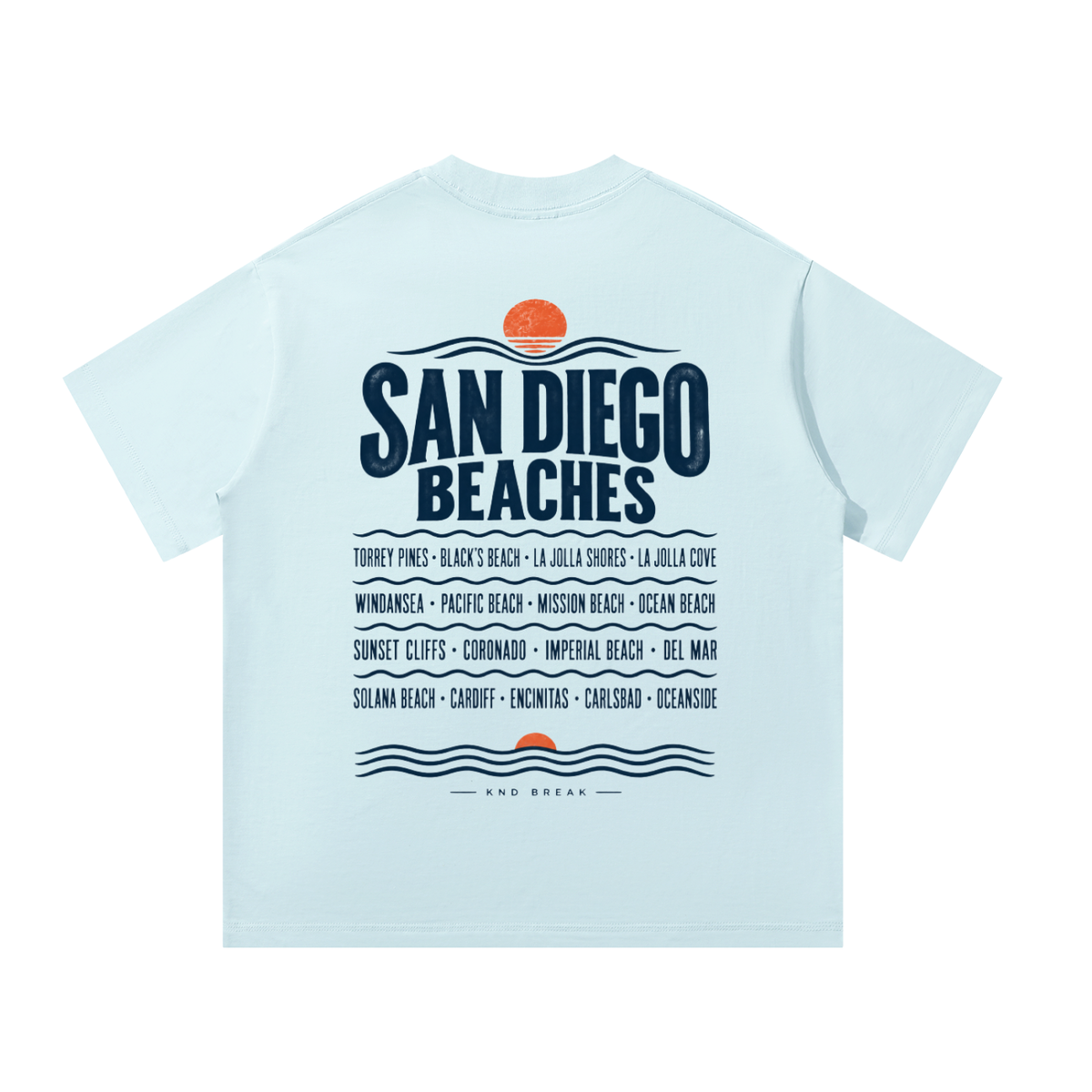 San Diego Beaches Tee, Sky Blue — back print: “San Diego Beaches” with seventeen beach names from Torrey Pines to Oceanside between rows of waves