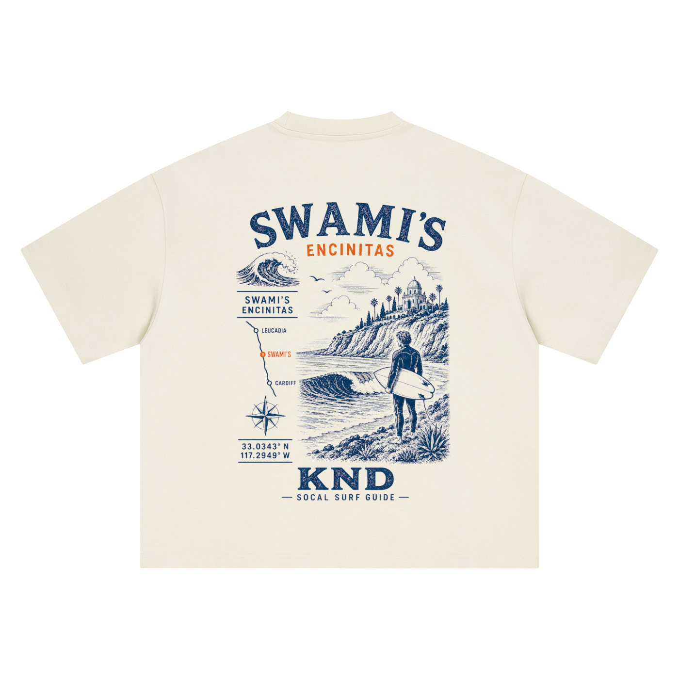 Swami's Surf Tee, Mild Apricot — back print, vintage engraved Swami's point break with coordinates