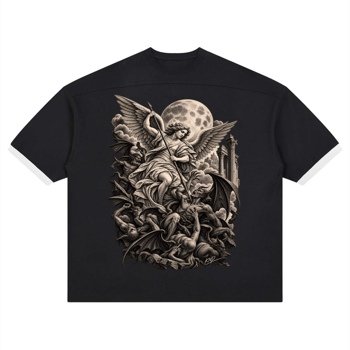 Archangel Color Block Tee, Black — front print, archangel with a spear standing over fallen figures beneath a full moon and ruined temple