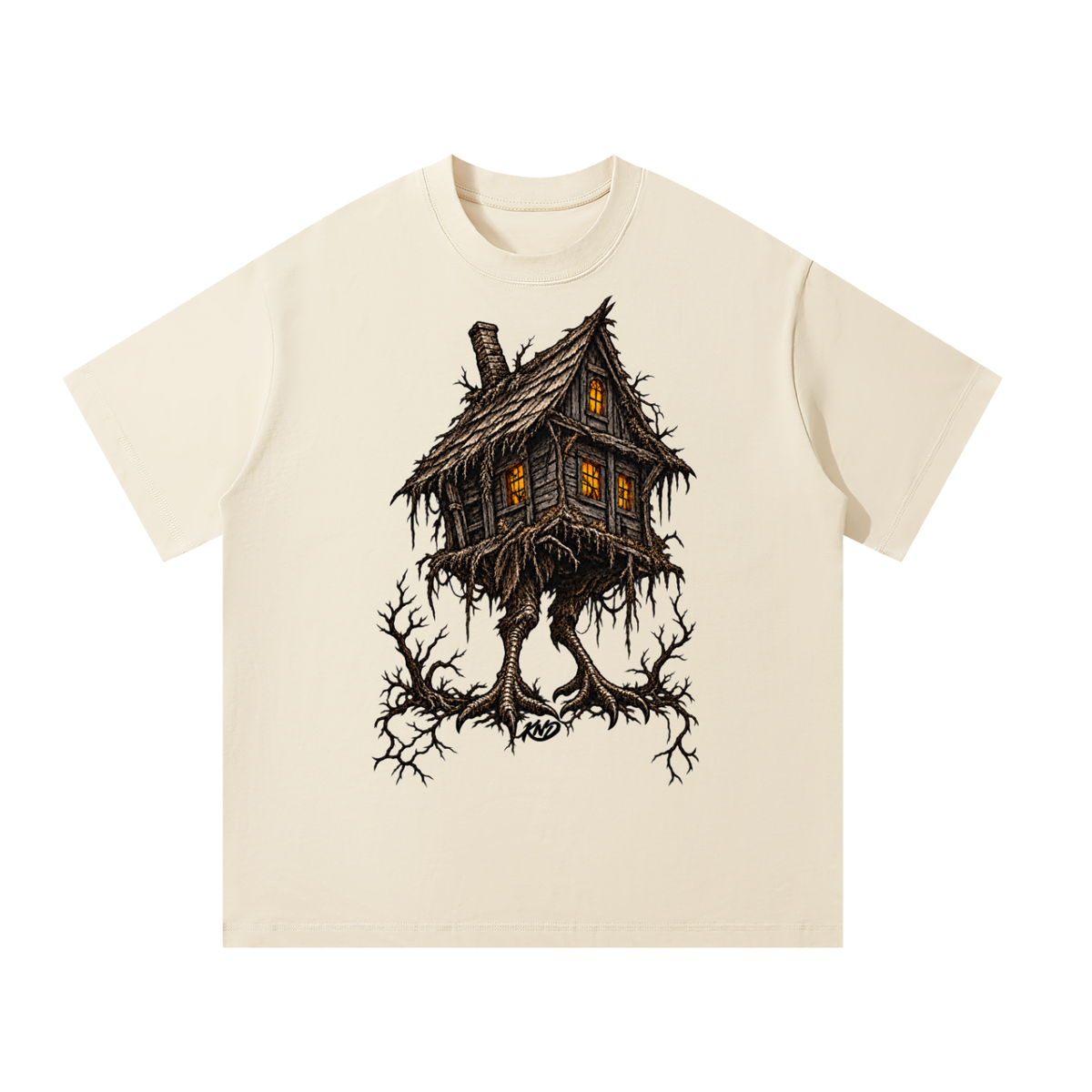 Baba Yaga Rootbound Tee, Mild Apricot — front view with a detailed print of Baba Yaga's weathered hut on gnarled bird legs among bare branches, amber windows lit