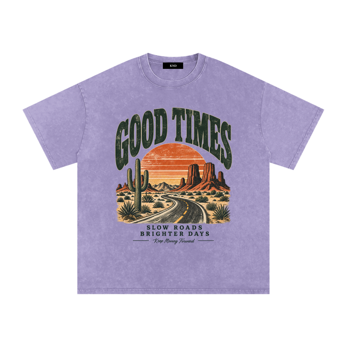 Good Times Washed Tee, Light Purple — front print, desert highway, saguaro and mesa sunset graphic