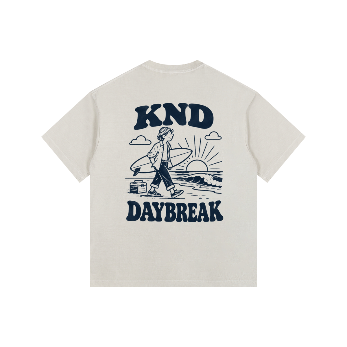 Daybreak Washed Tee, Light Apricot — back print, surfer walking to the beach at sunrise with board and cooler, Daybreak lettering