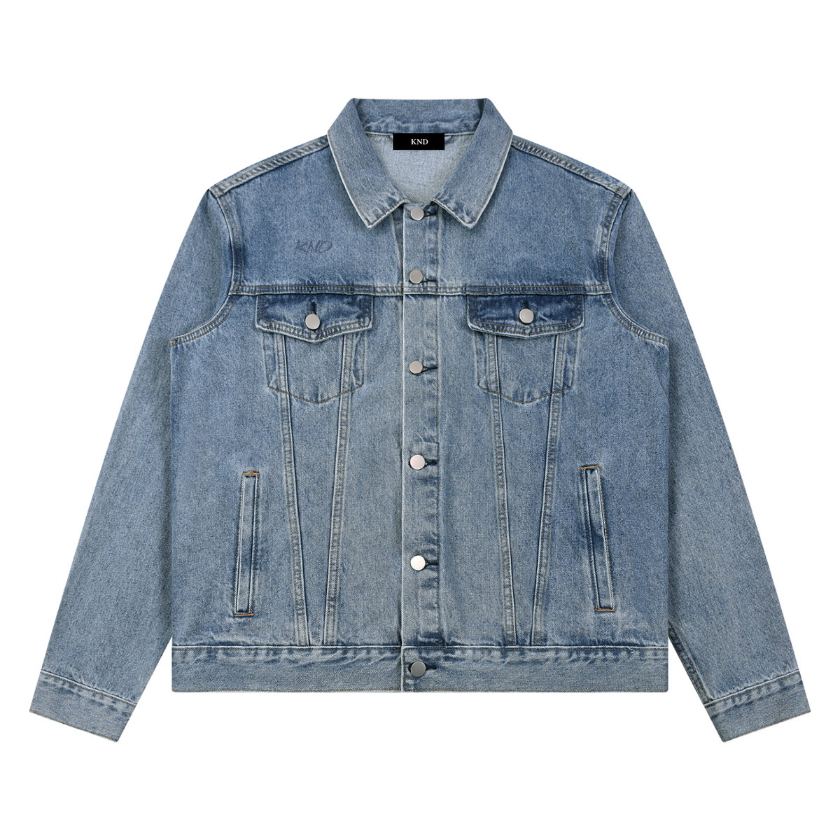 Galloping Horse Denim Jacket, Blue — front view with a small KND script on the left chest