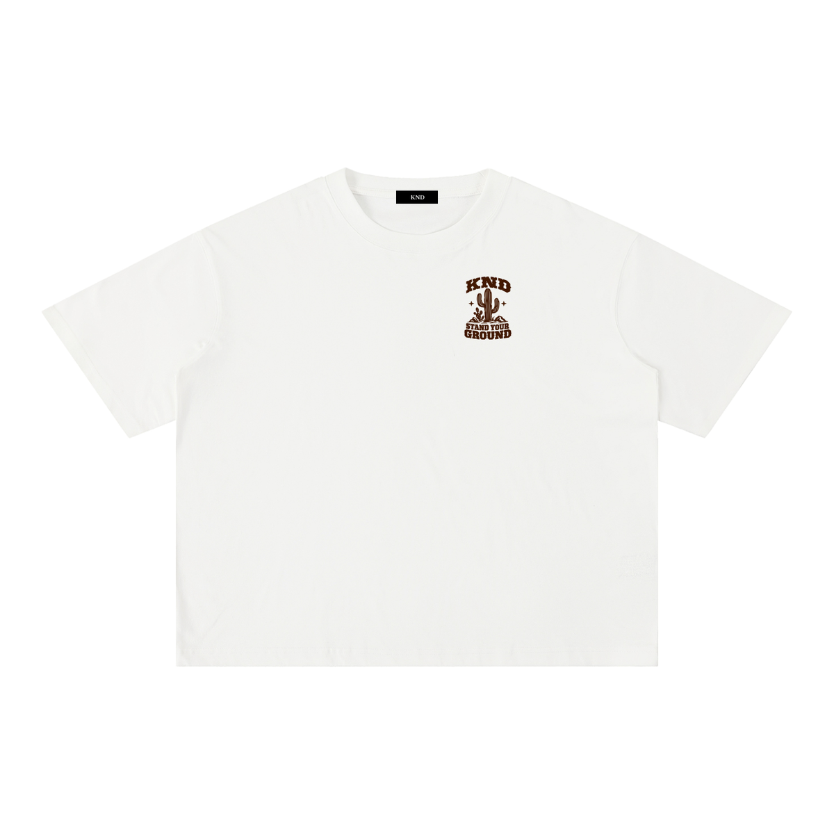 Stand Your Ground Washed Tee, White — front view with a small graphic of a saguaro cactus rising from desert rocks between two small stars on the left chest