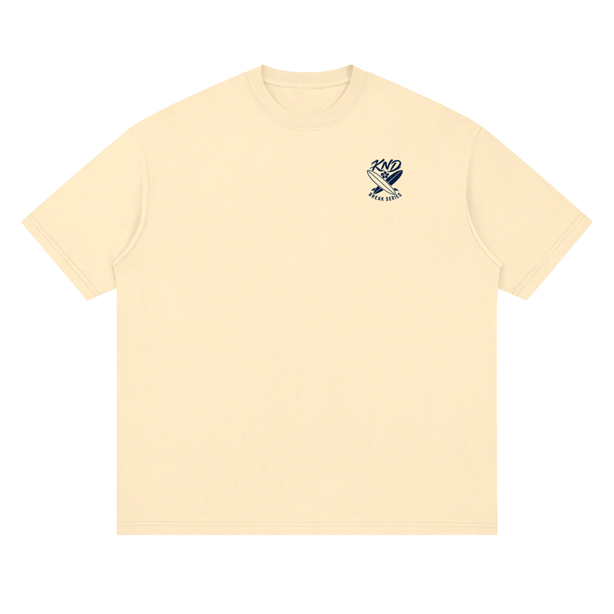 Crossed Boards Tee, Light Apricot — front view with a small graphic of two crossed surfboards with a hibiscus flower on the left chest