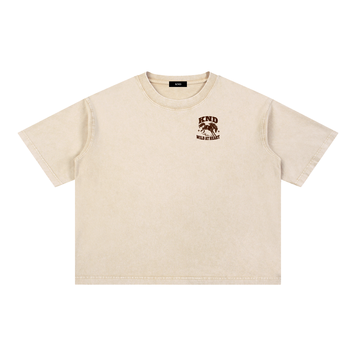 Wild at Heart Washed Tee, Light Apricot — front view with a small graphic of a horse mid-leap with its mane flying on the left chest