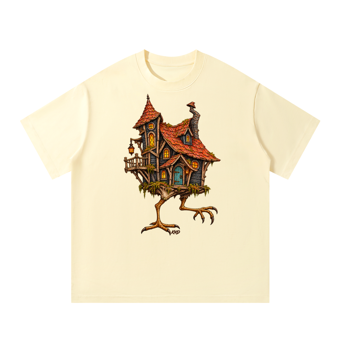 Baba Yaga Lantern Tee, Apricot — front view with a full-colour print of Baba Yaga's crooked hut on bird legs, red-tiled roof and a lantern on the balcony