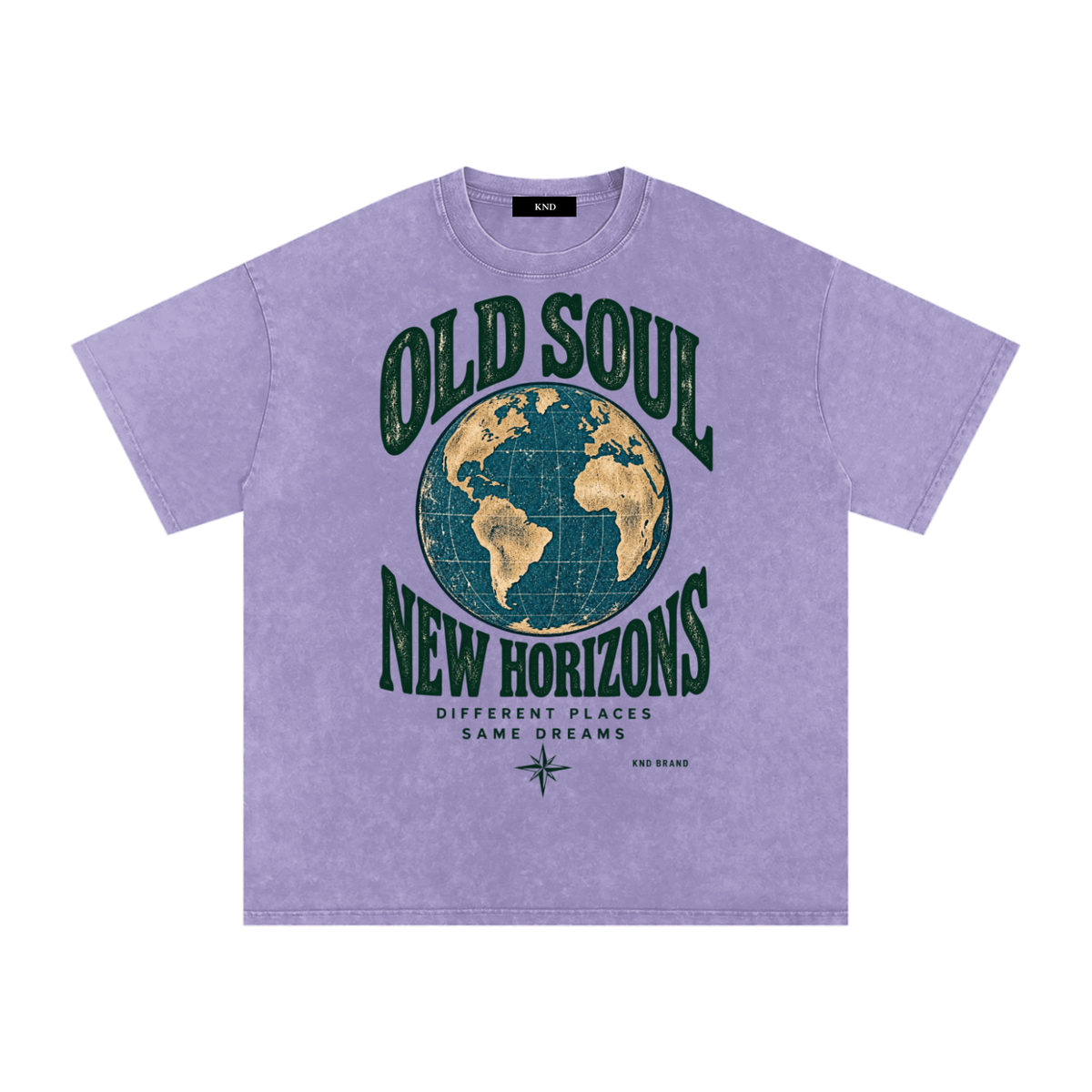 Old Soul New Horizons Washed Tee, Light Purple — front print, vintage globe and compass rose graphic