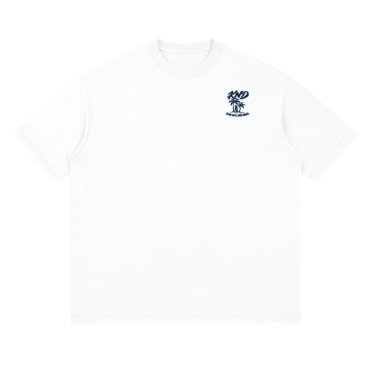 Slow Days, Good Waves Tee, Lucent White — front view with a small graphic of palm trees with surfboards leaning at their base on the left chest