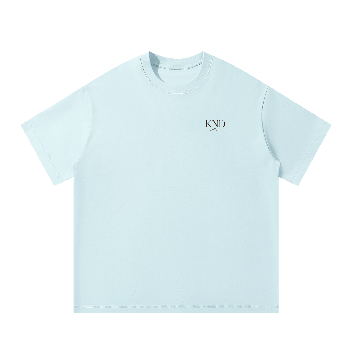 Sky blue KND Brand heavyweight oversized tee, front view with small KND wave logo at left chest