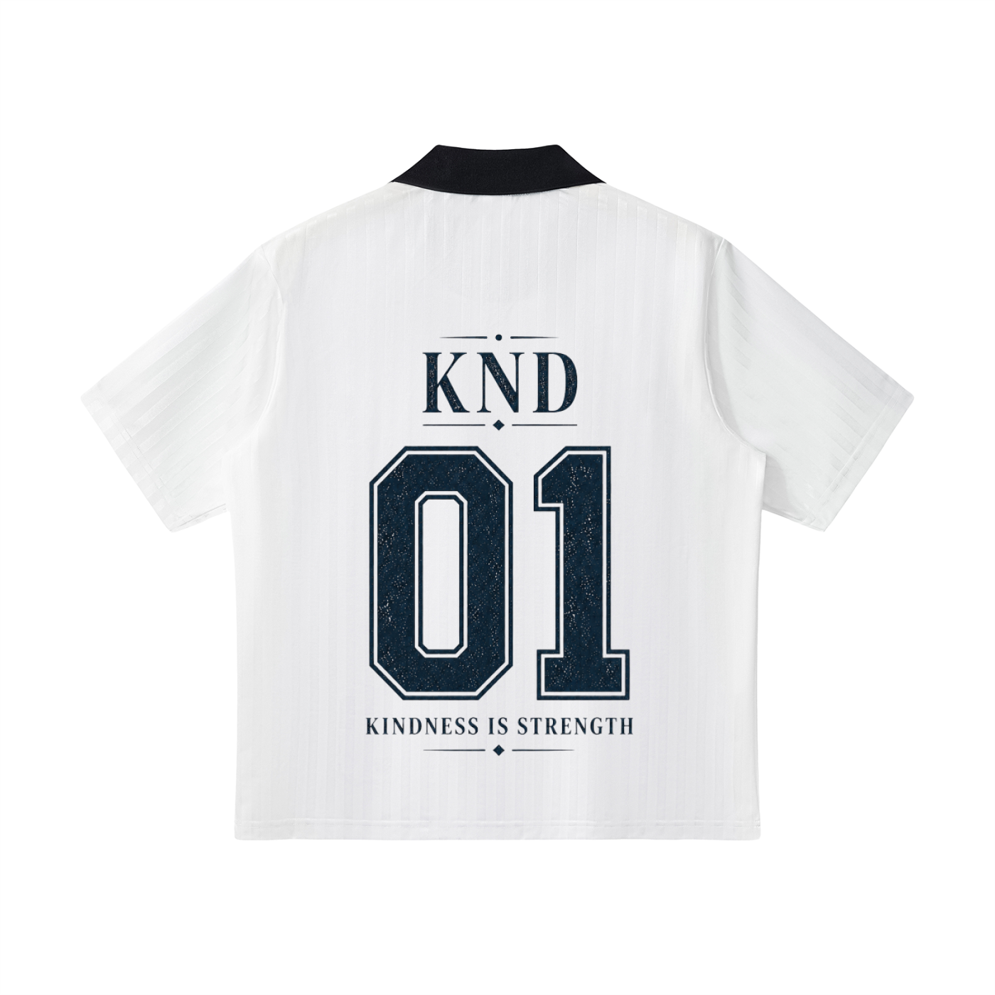Back of the KND 01 white soccer jersey showing the black number 01 and contrast trim