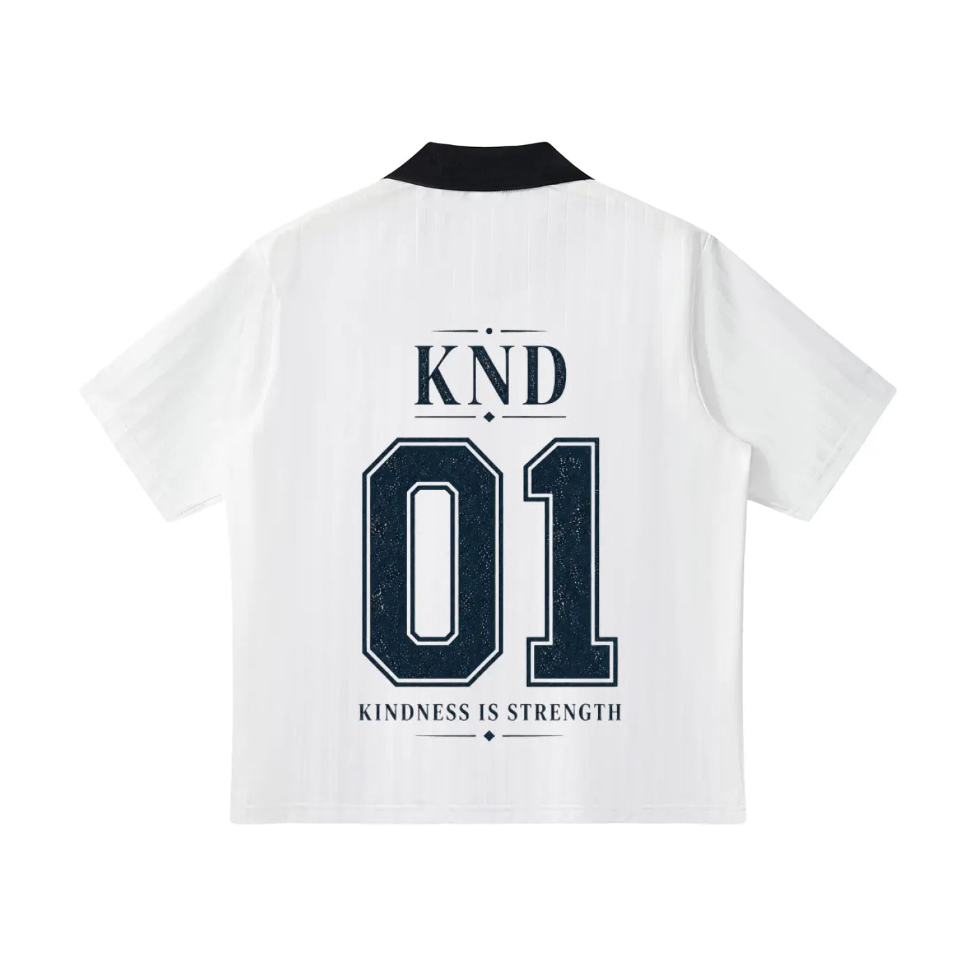 KND 01 white soccer jersey flat lay with black contrast trim