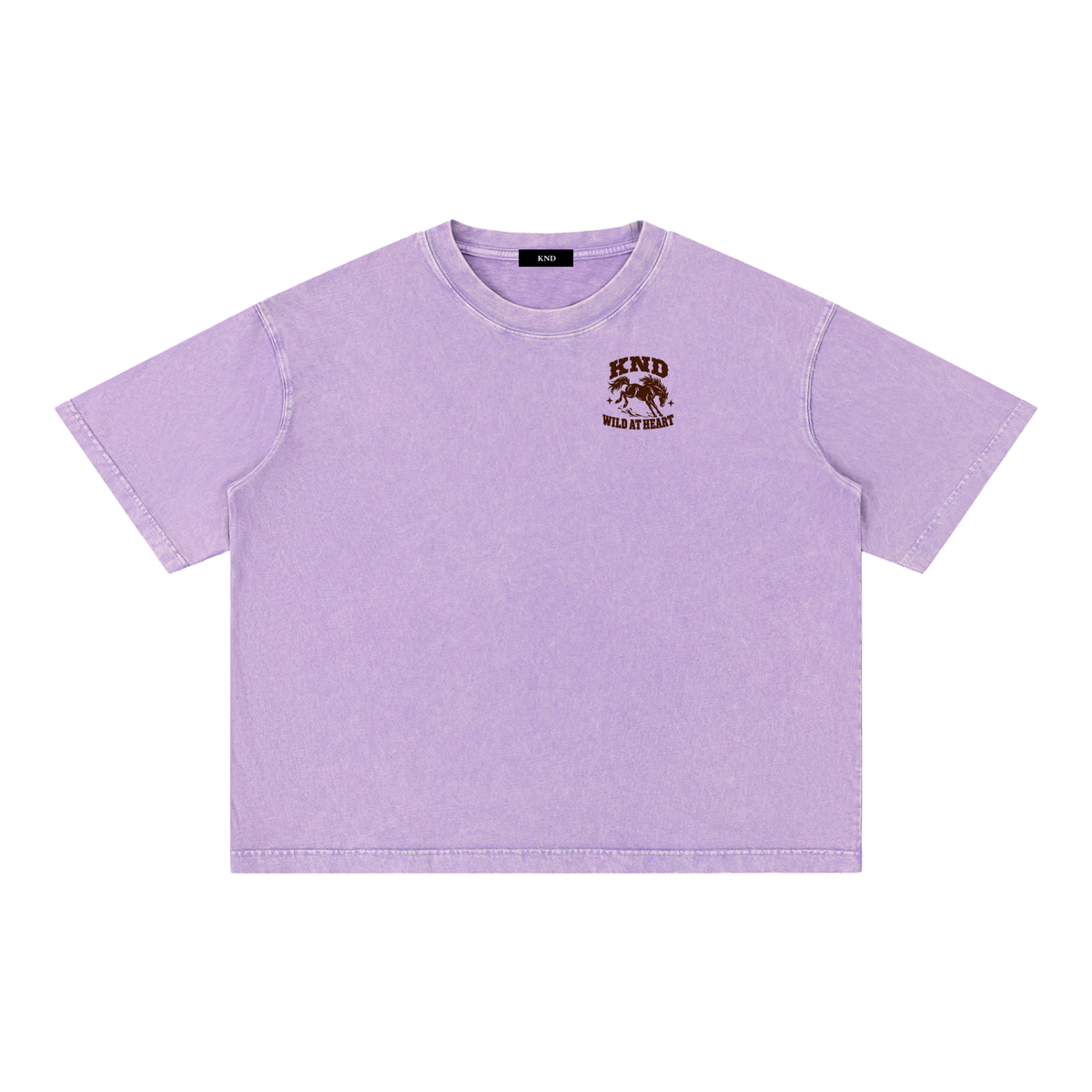 Wild at Heart Washed Tee, Purple — front view with a small graphic of a horse mid-leap with its mane flying on the left chest