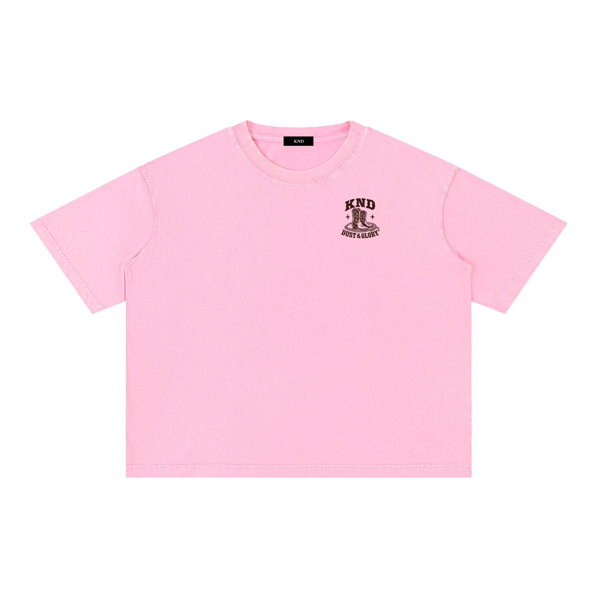 Dust &amp; Glory Washed Tee, Rose Pink — front view with a small graphic of cowboy boots inside a coiled lasso between two small stars on the left chest