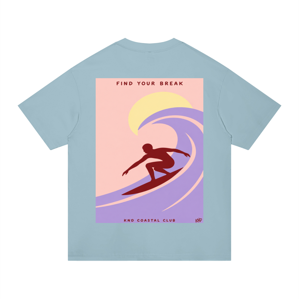 Find Your Break Tee, Gray Blue — back print, pastel surf poster with a rider in the curl of a lilac wave and KND Coastal Club lettering
