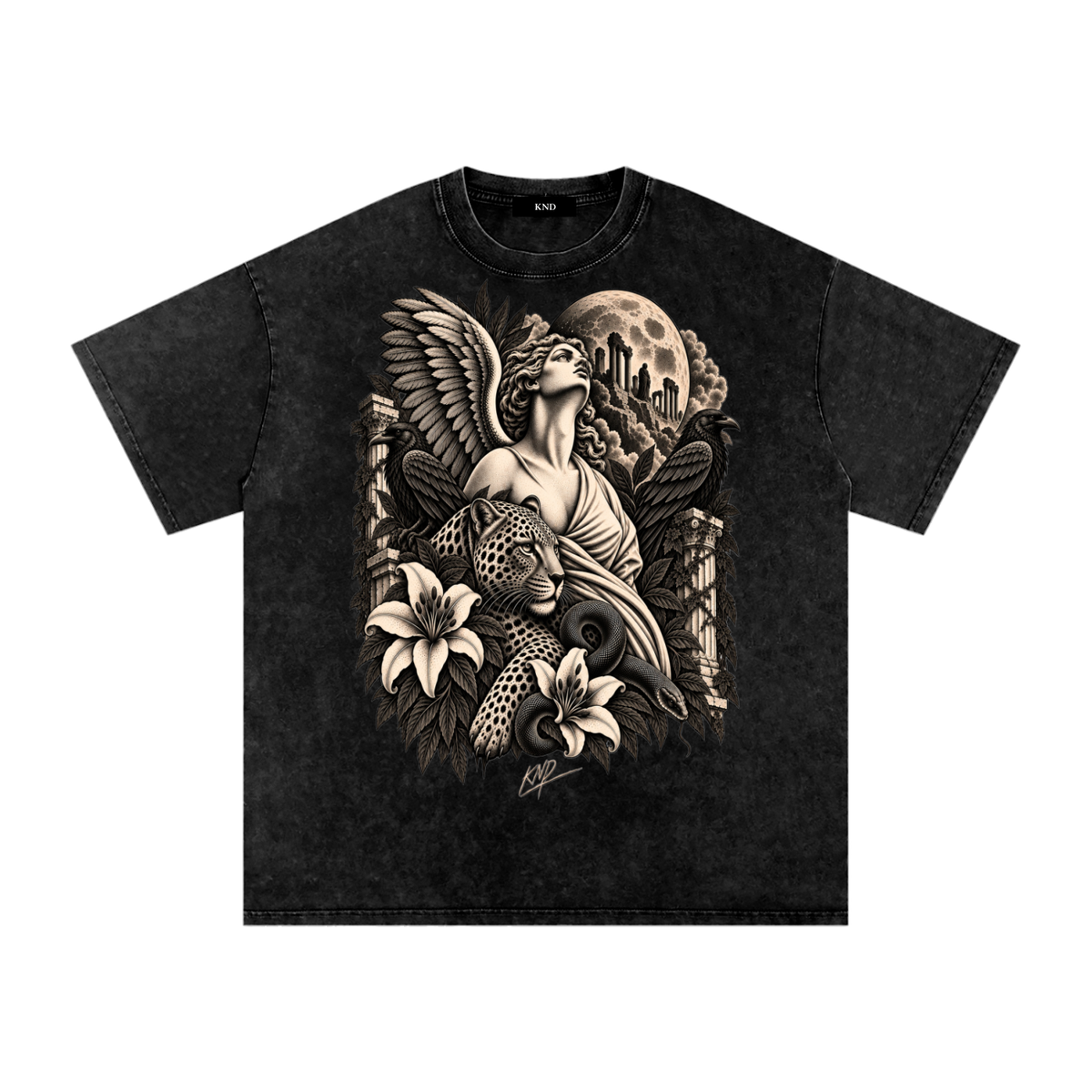 Sanctuary Washed Tee, Black — front print, winged figure among ruined columns with a leopard, lilies, a serpent and ravens under a full moon