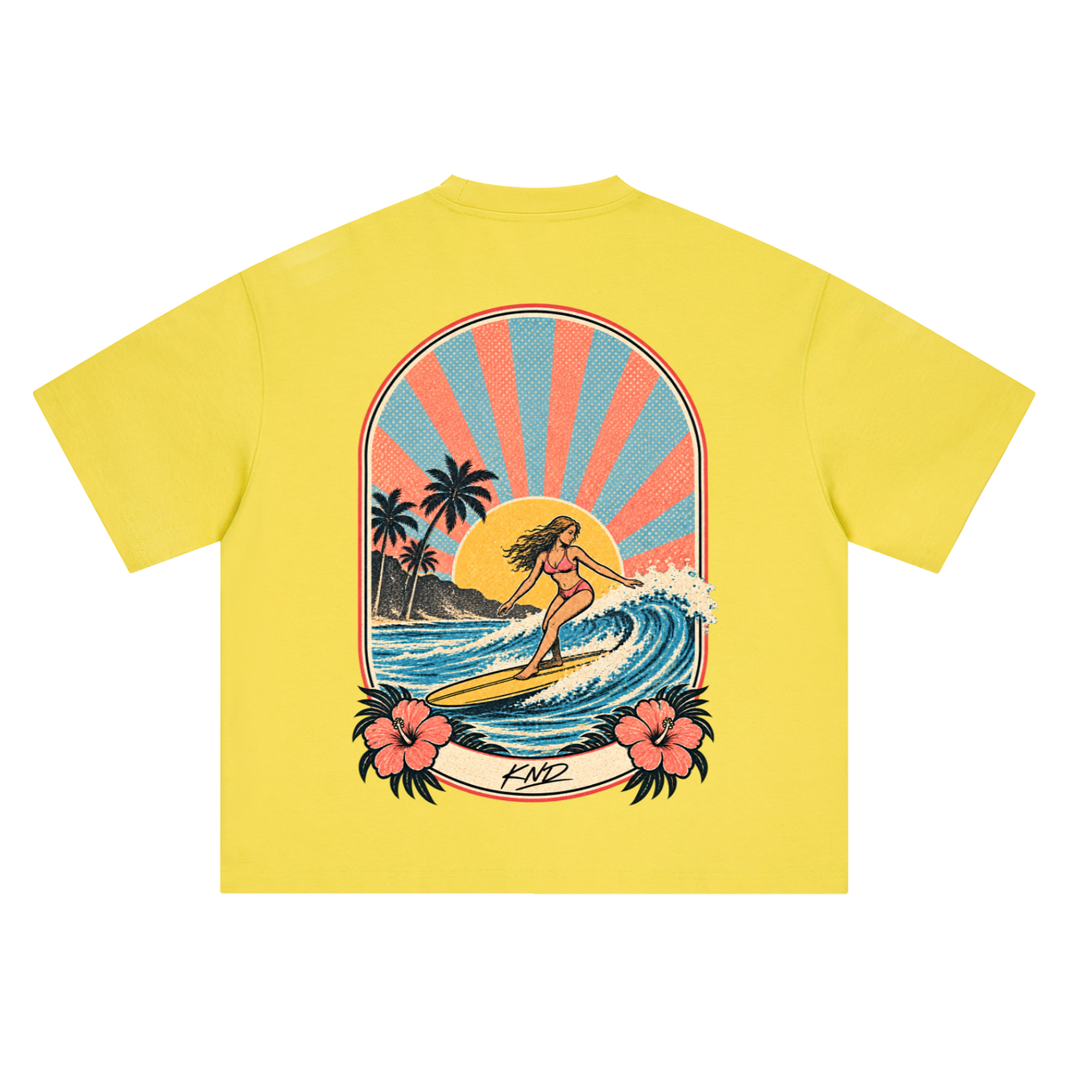 Hibiscus Surf Badge Tee, Olive Yellow — back print, retro arched badge with a surfer girl, sunburst, palms and hibiscus
