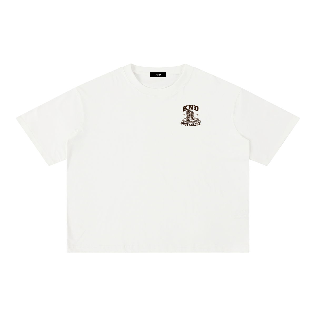 Dust & Glory Washed Tee, White — front view with a small graphic of cowboy boots inside a coiled lasso between two small stars on the left chest