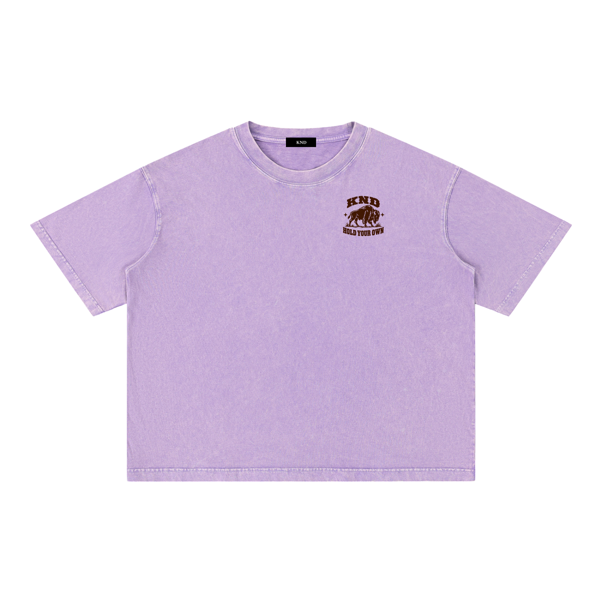 Hold Your Own Washed Tee, Purple — front view with a small graphic of a bison walking through prairie grass between two small stars on the left chest
