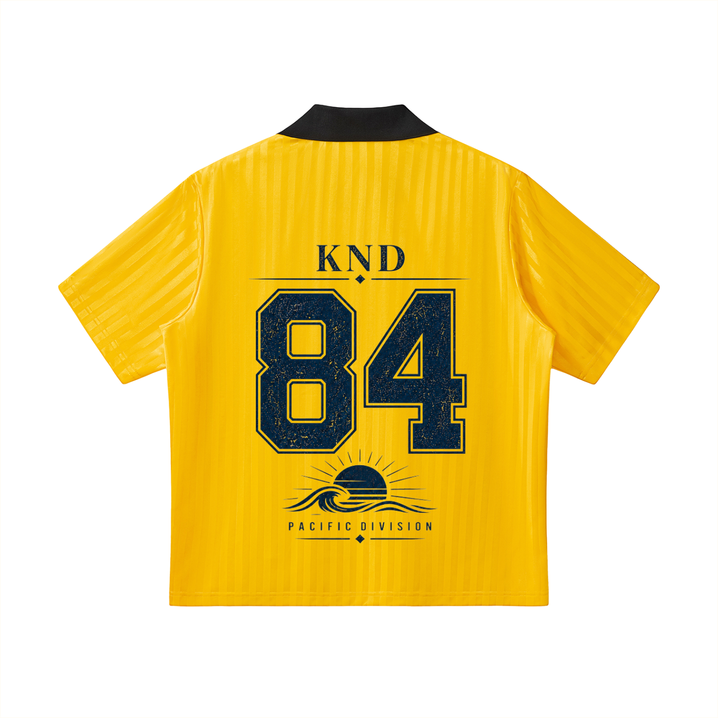 Back of the KND 84 Pacific Division yellow soccer jersey showing the black number 84