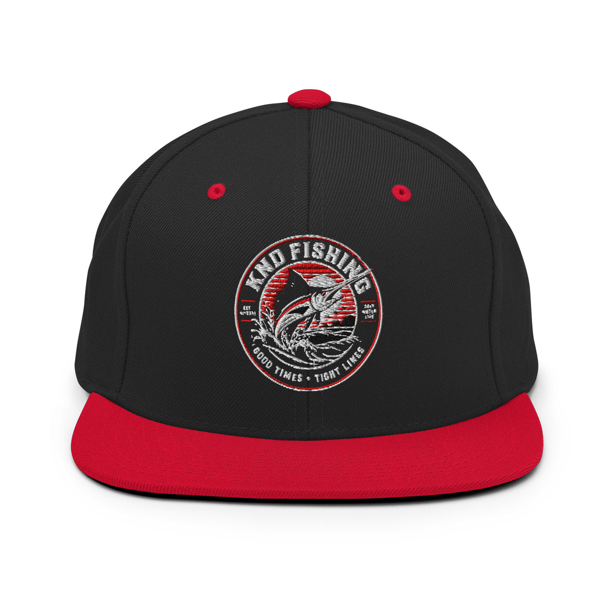 KND Fishing Badge Snapback in black with a red bill — embroidered KND Fishing marlin badge, front view