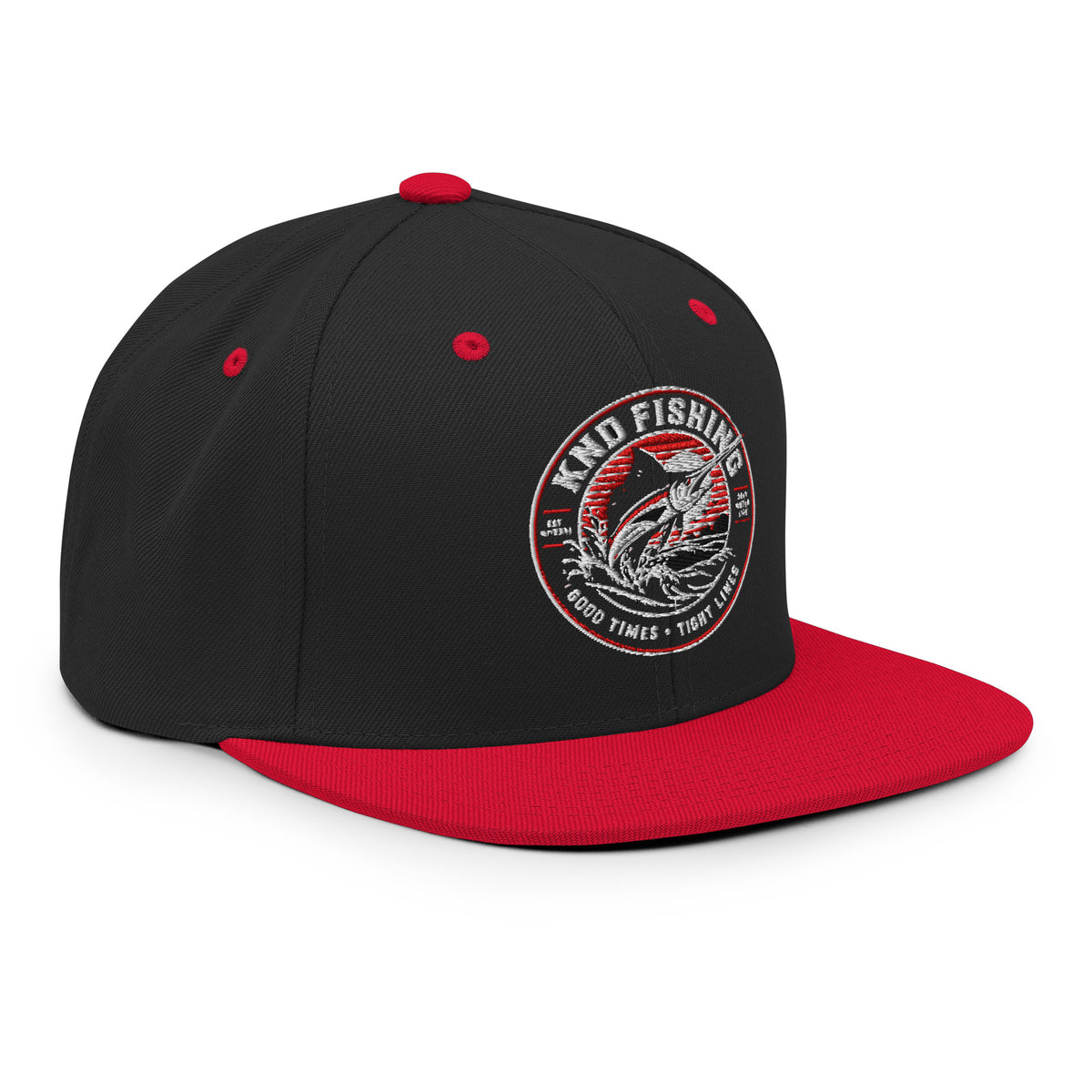 KND Fishing Badge Snapback in black with a red bill — three-quarter view from the right