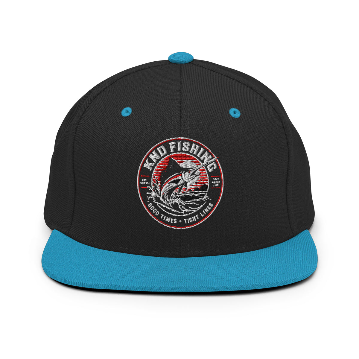 KND Fishing Badge Snapback in black with a teal bill — embroidered KND Fishing marlin badge, front view