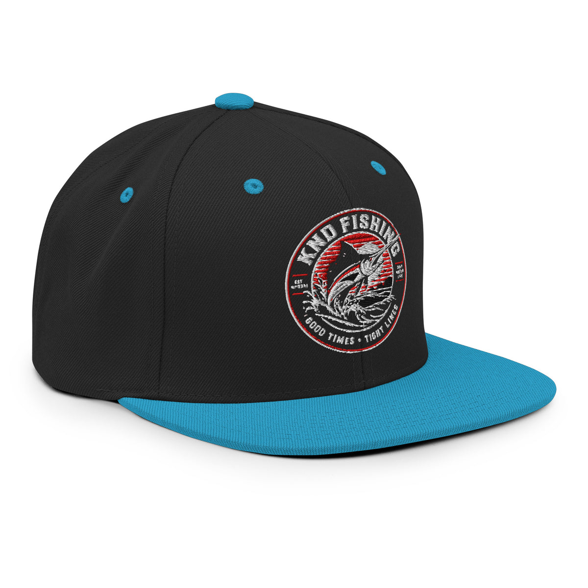 KND Fishing Badge Snapback in black with a teal bill — three-quarter view from the right