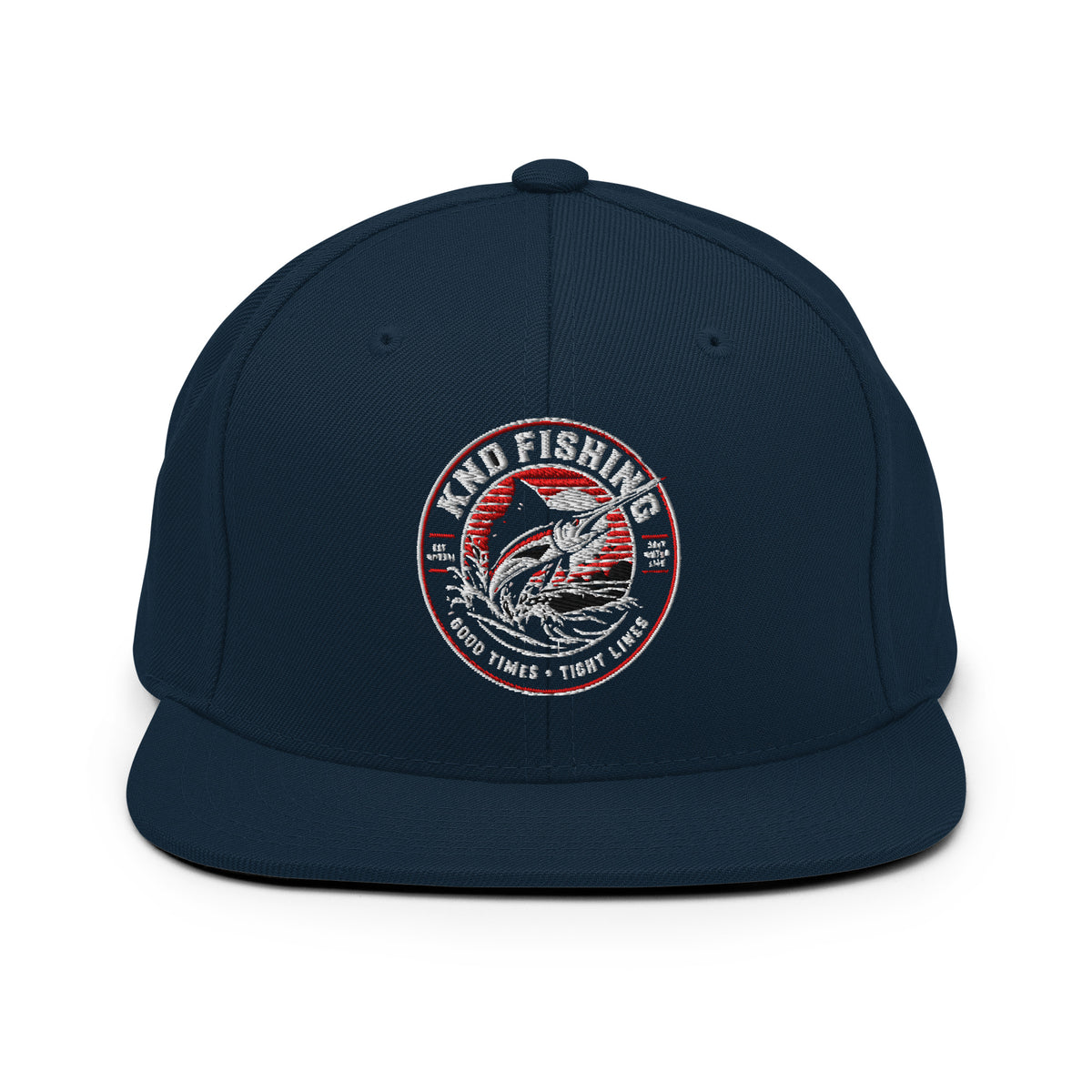 KND Fishing Badge Snapback in dark navy — embroidered KND Fishing marlin badge, front view