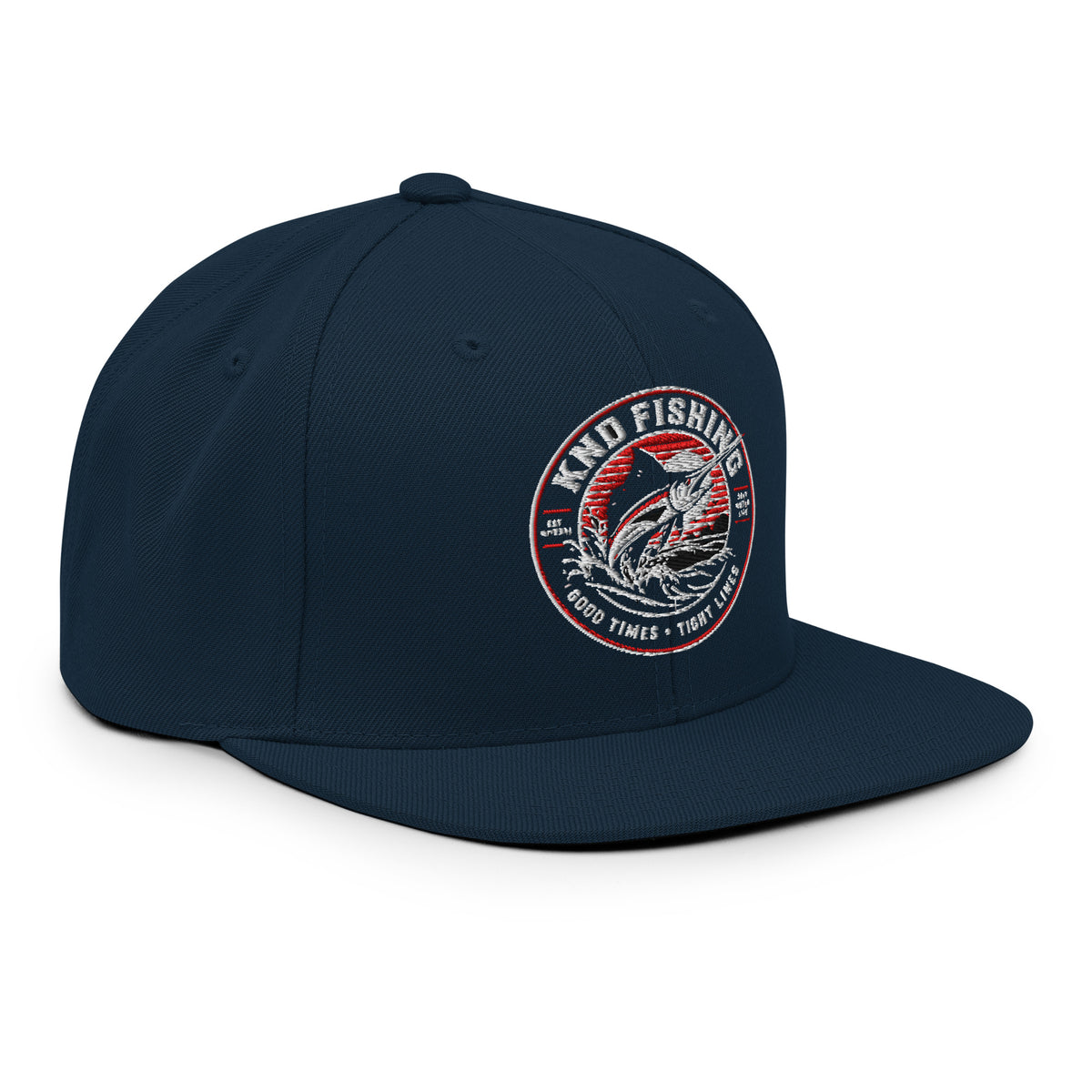 KND Fishing Badge Snapback in dark navy — three-quarter view from the right