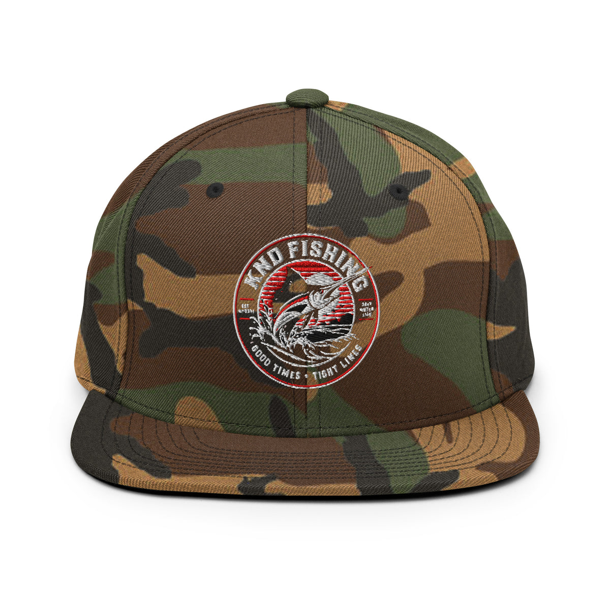 KND Fishing Badge Snapback in green camo — embroidered KND Fishing marlin badge, front view