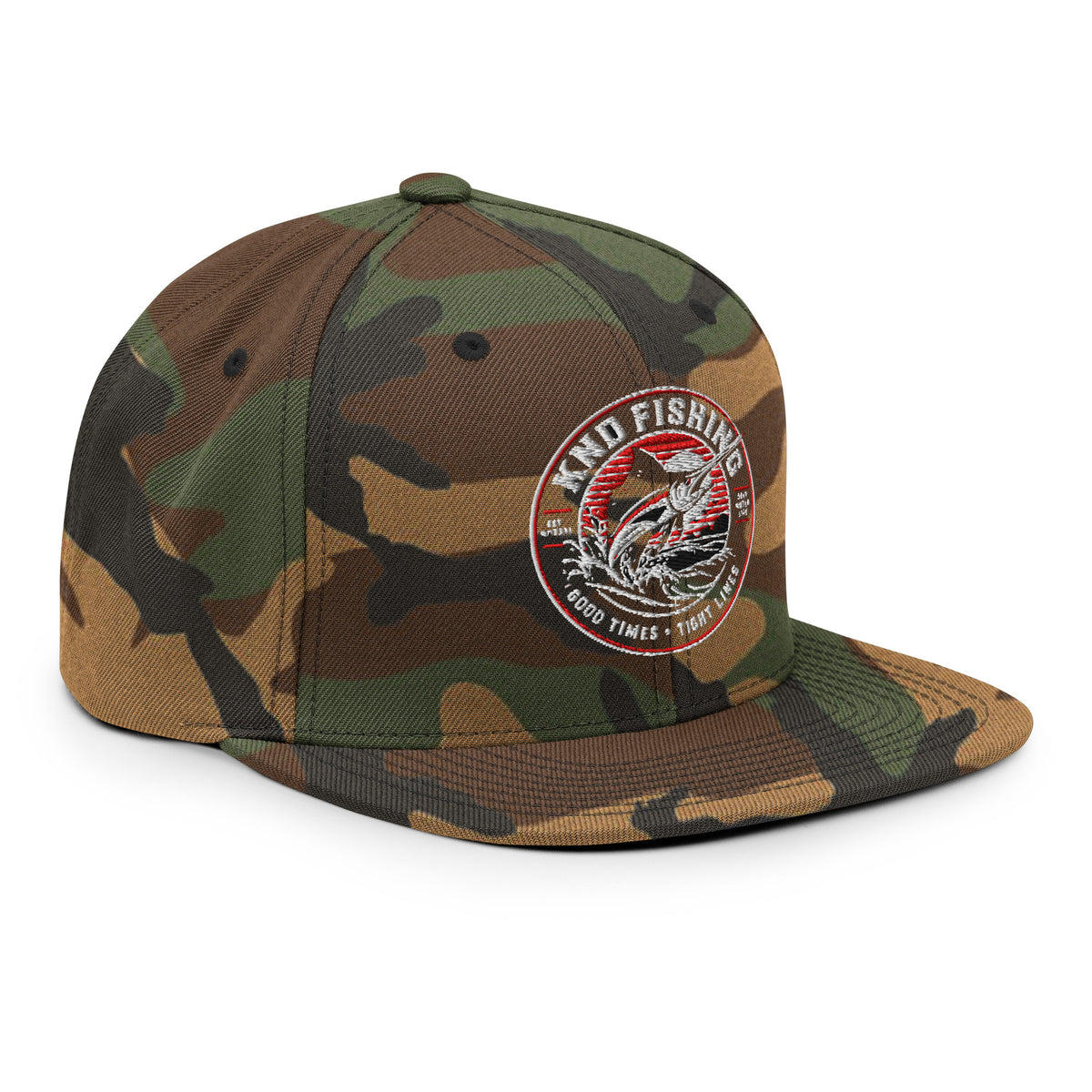 KND Fishing Badge Snapback in green camo — three-quarter view from the right