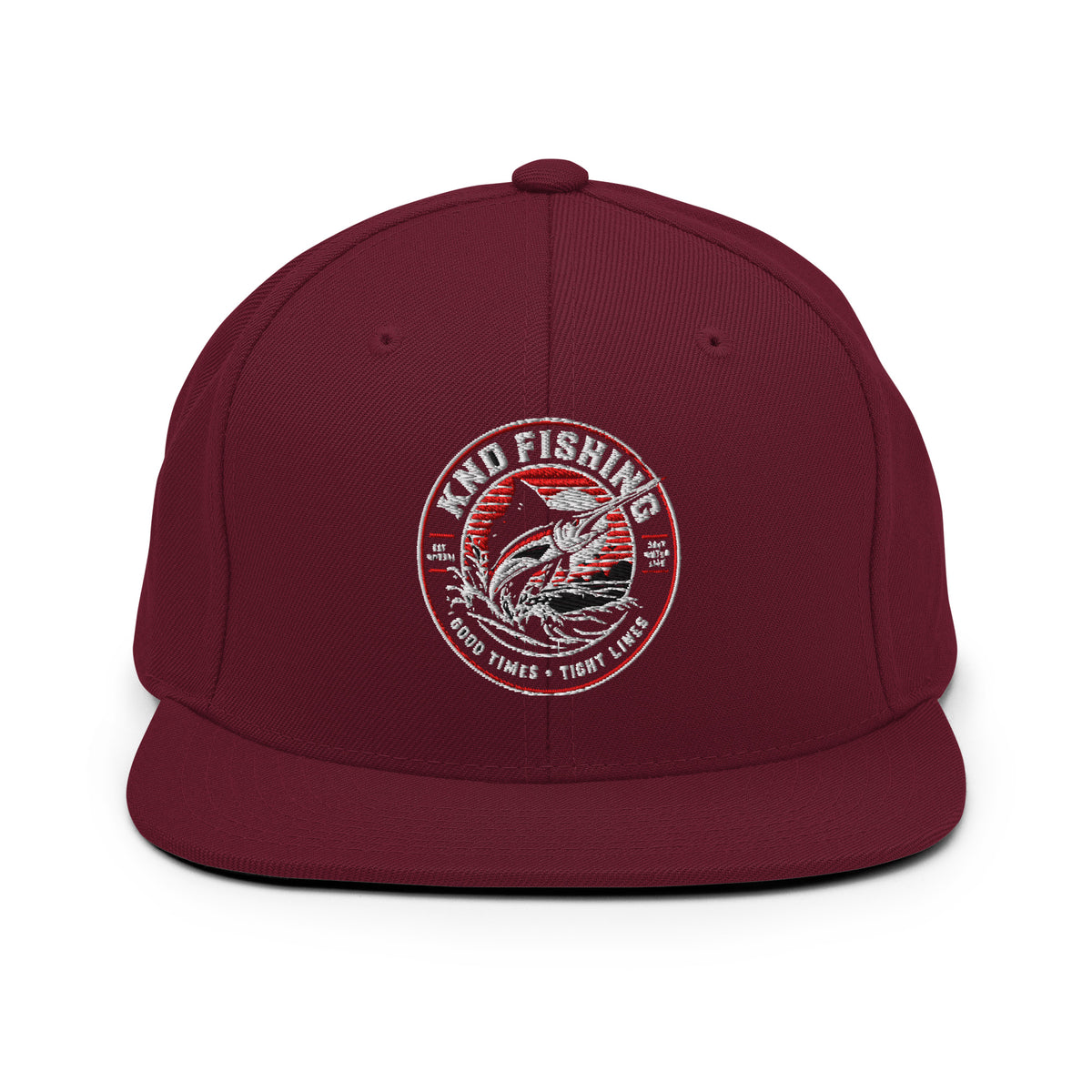 KND Fishing Badge Snapback in maroon — embroidered KND Fishing marlin badge, front view