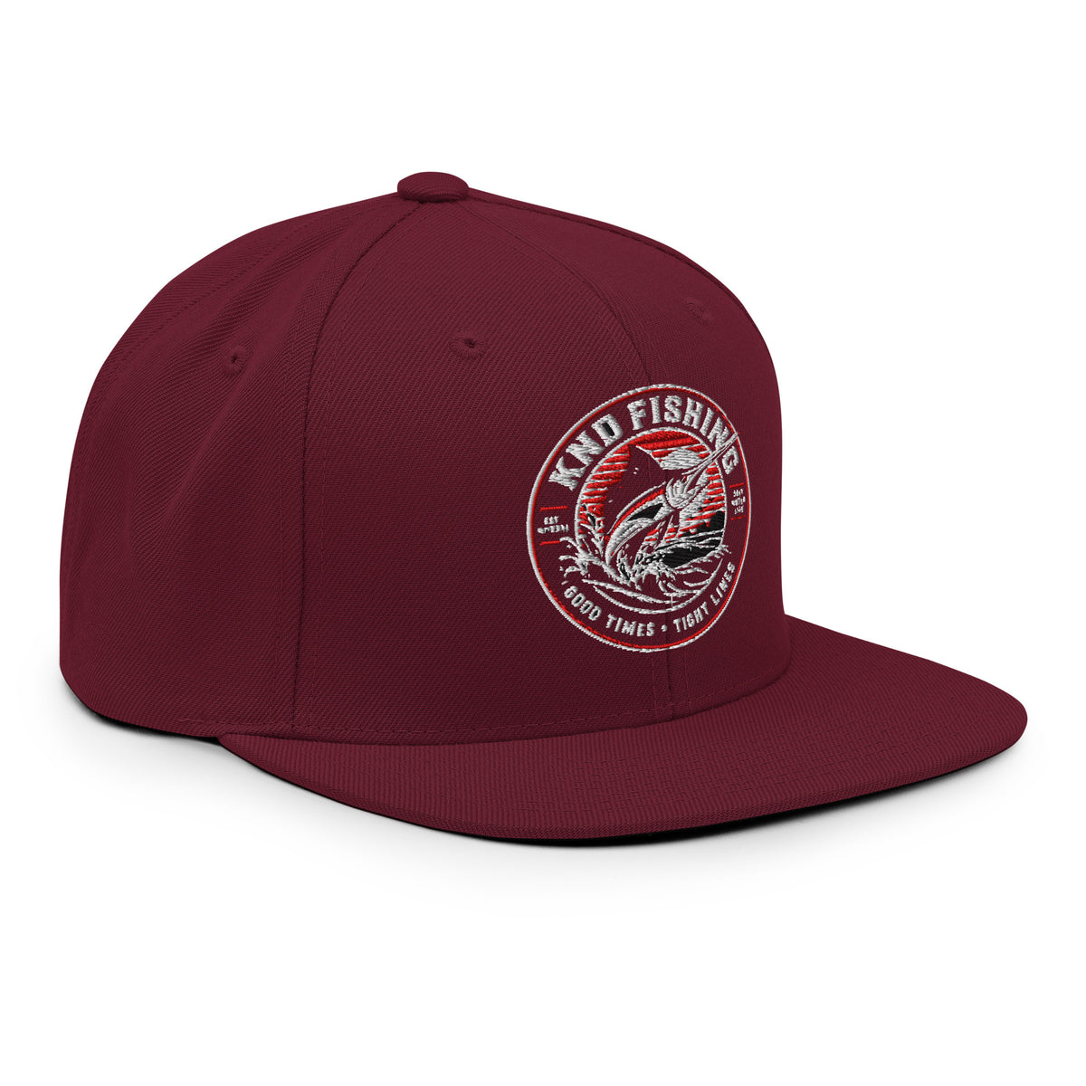 KND Fishing Badge Snapback in maroon — three-quarter view from the right