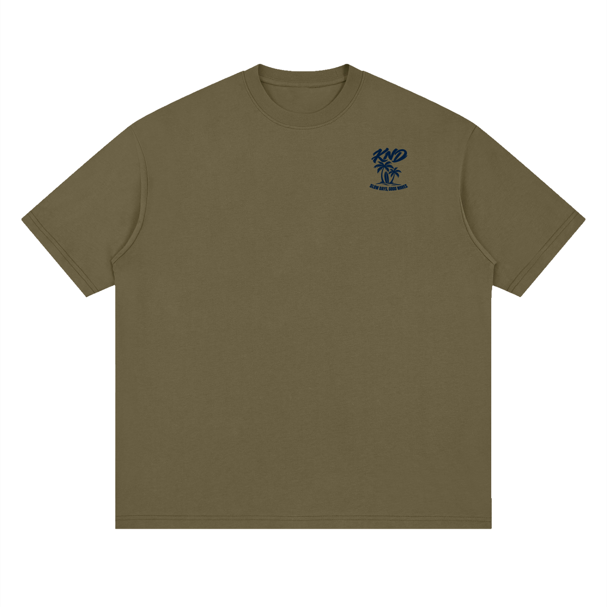 Slow Days, Good Waves Tee, Gray Green — front view with a small graphic of palm trees with surfboards leaning at their base on the left chest