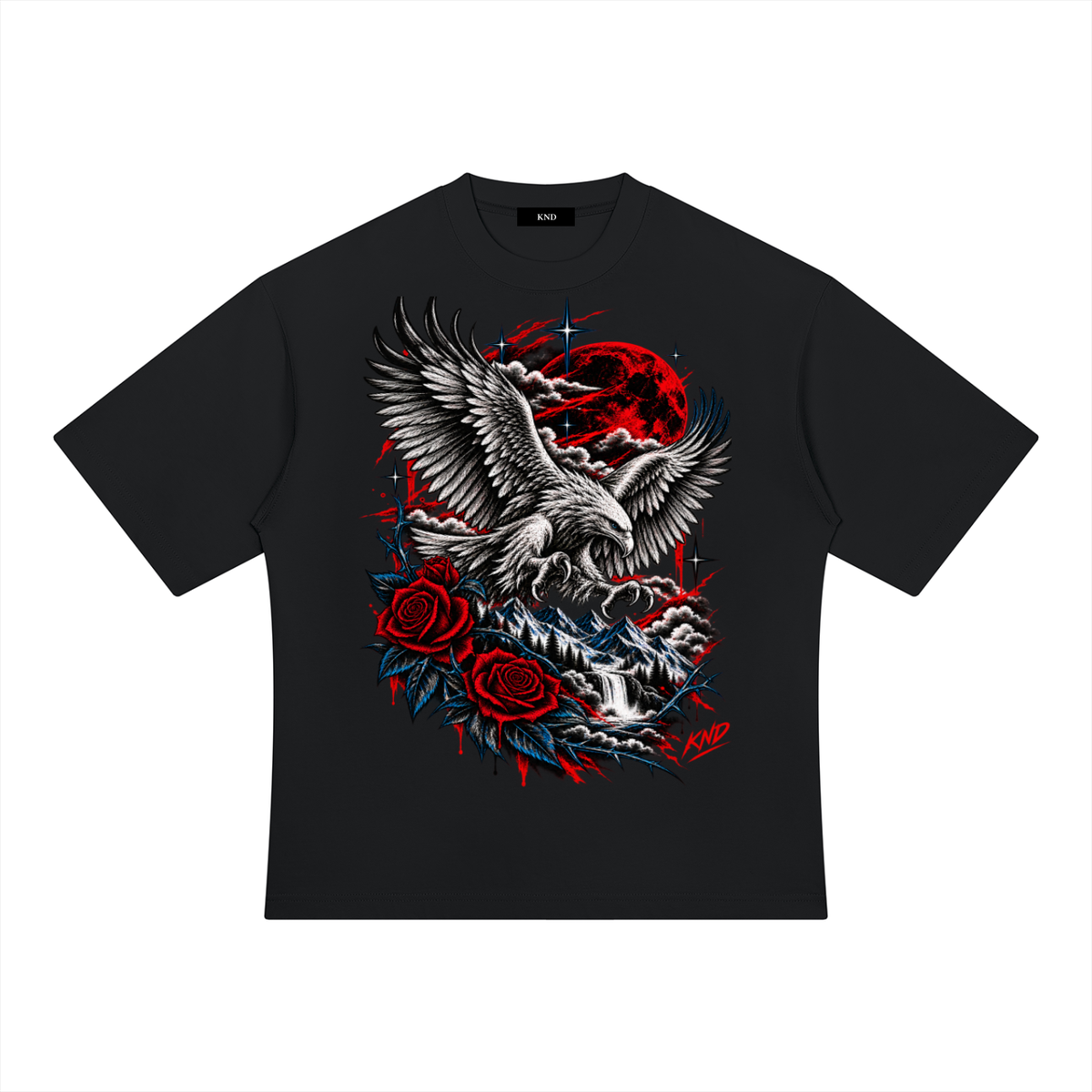 Blood Moon Eagle Heavyweight Tee, Black — front print, eagle diving under a red moon with roses, thorns, mountains and a waterfall