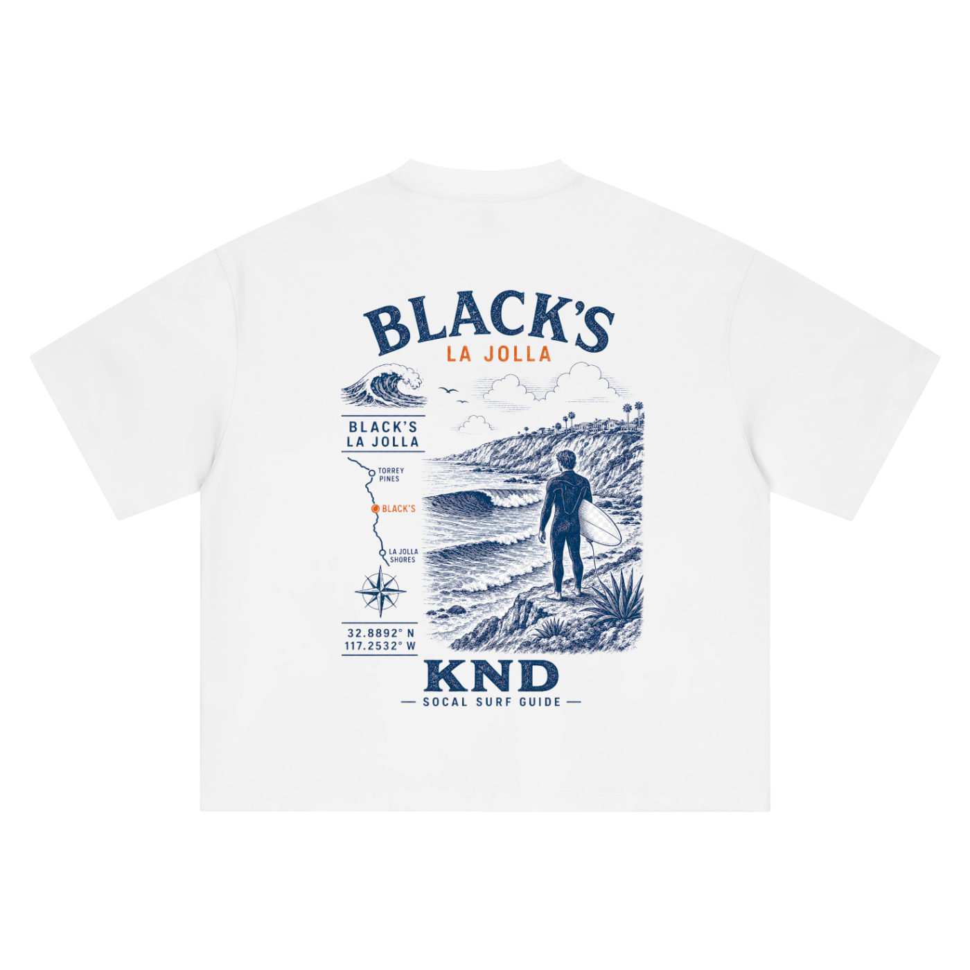 Black's Beach Surf Tee, White — back print, vintage engraved Black's break at La Jolla with coordinates