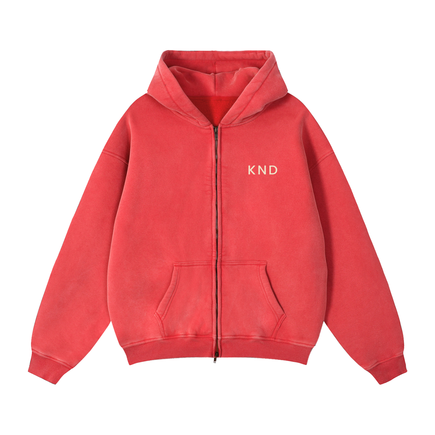 KND Brand boxy zip-through hoodie in washed dark green with ivory chest mark, front view