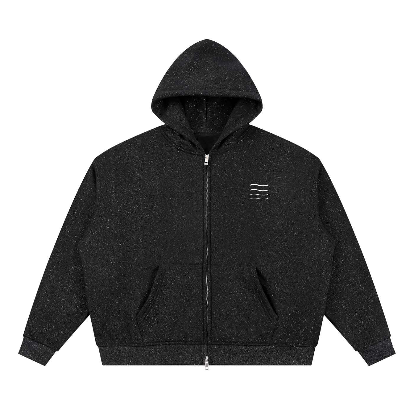 KND Brand fleck full-zip hoodie in black jacquard knit, front view with hood up and wave logo printed at the chest